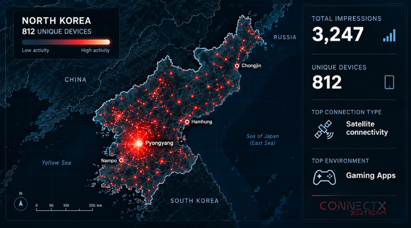 ConnectX programmatic advertising activity and digital connectivity map of North Korea